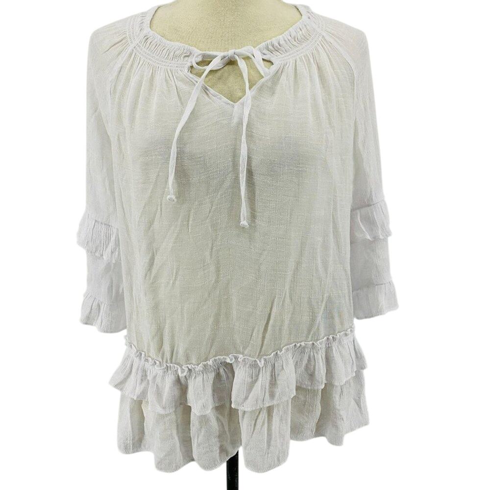 Zac & Rachel Textured White Blouse Ruffle Sleeves Size Xlarge
